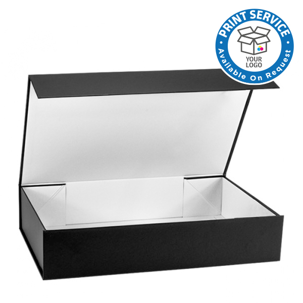 Black Gift Boxes with a hinged lid. Available plain or printed
